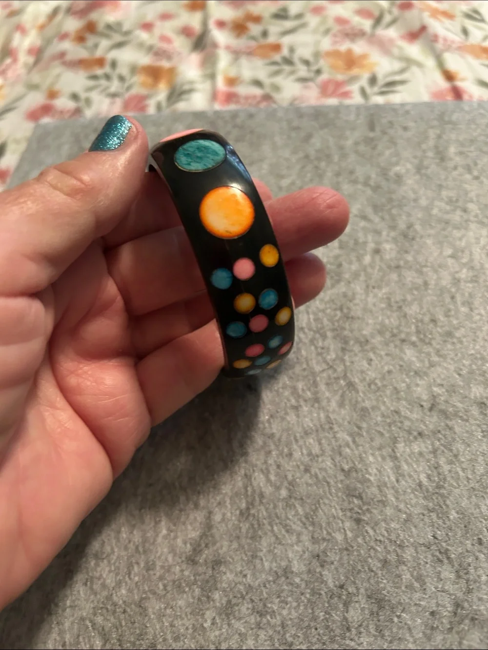 Vintage Black Bangle Bracelet with Multicolor Polka Dots